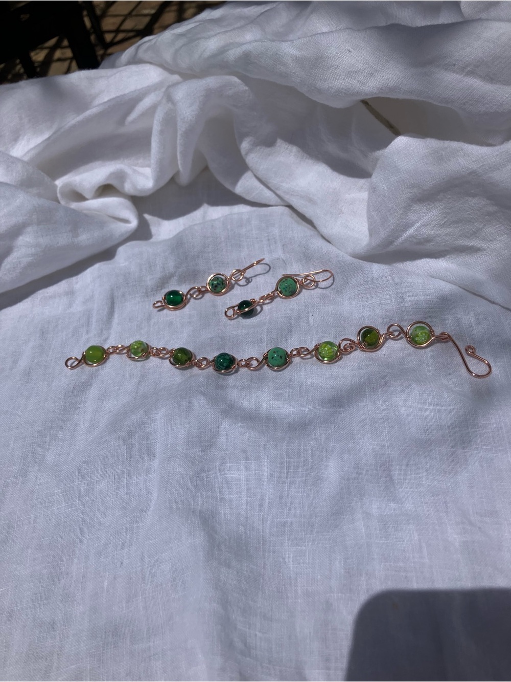 Hand crafted Green Glass Bead Linked Bracelet and Earrings Set